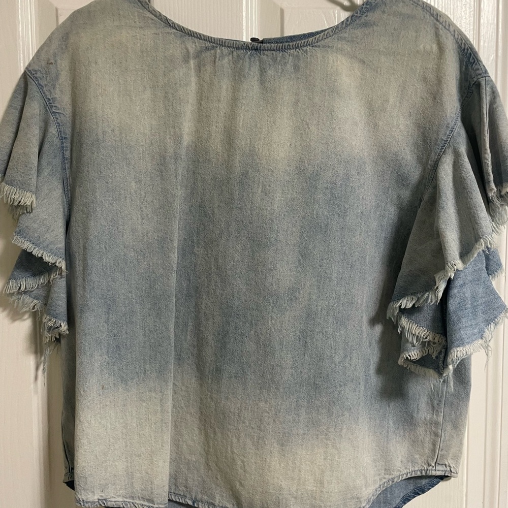 fab'rik Light Blue Frayed Sleeve Blouse
